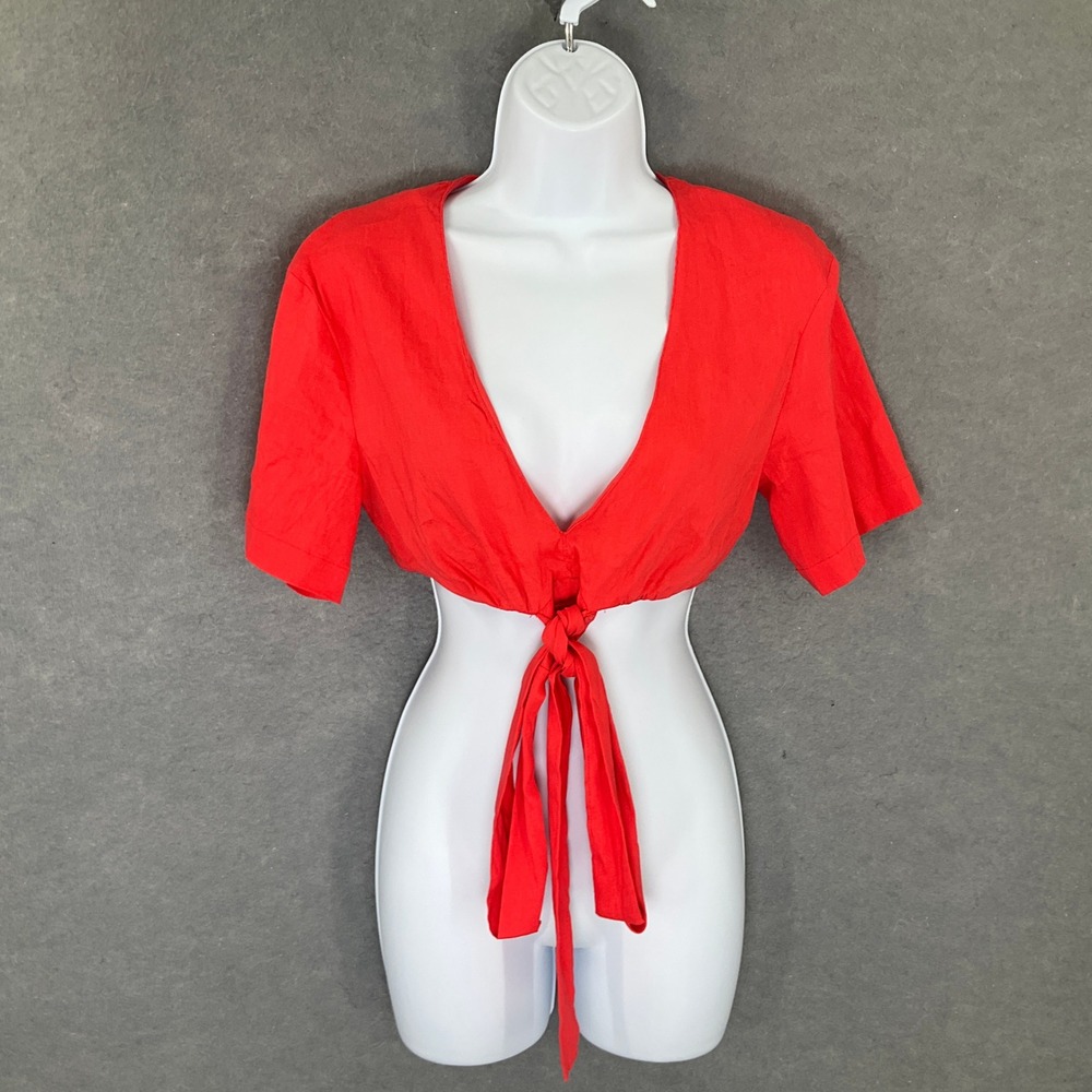 Zara Red Tie Front Crop Top Linen Coastal Blouse Sz M Festival‎ Party Beach